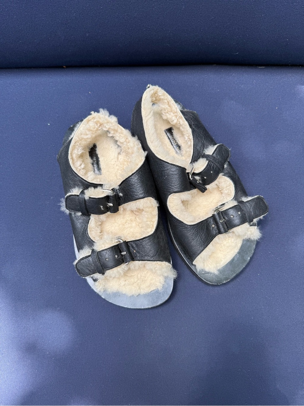 Celine Black Leather Shearling-Trim Slide Sandals